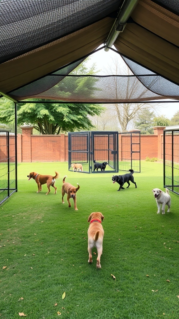 Dogs playing in an enclosed dog run with a shade structure