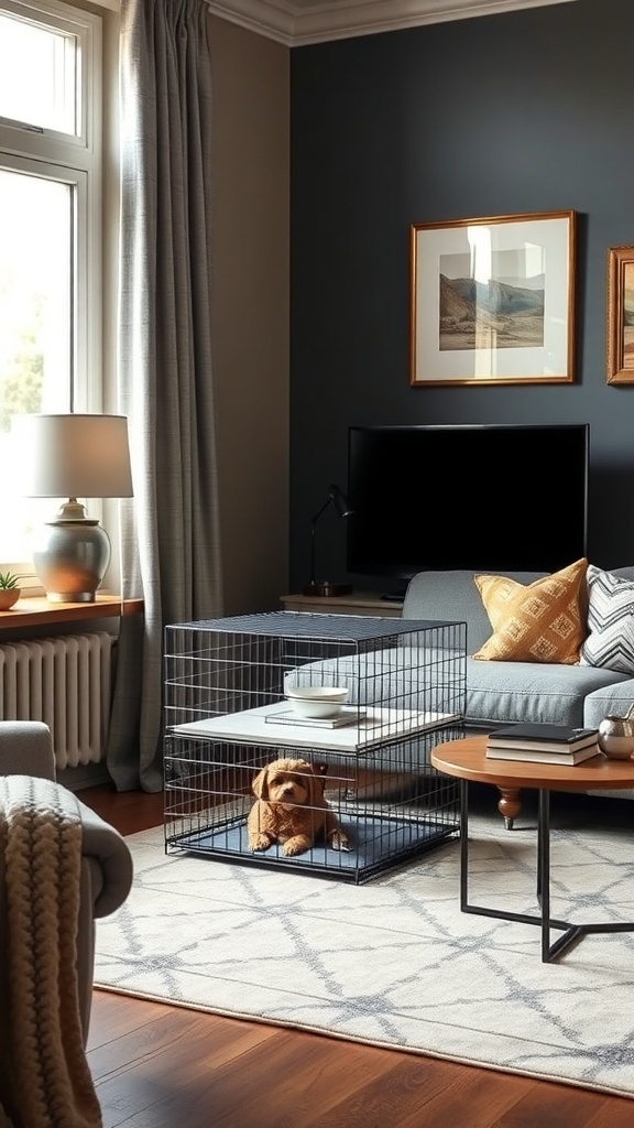 A stylish dog crate in a living room, serving as both a pet space and a side table.