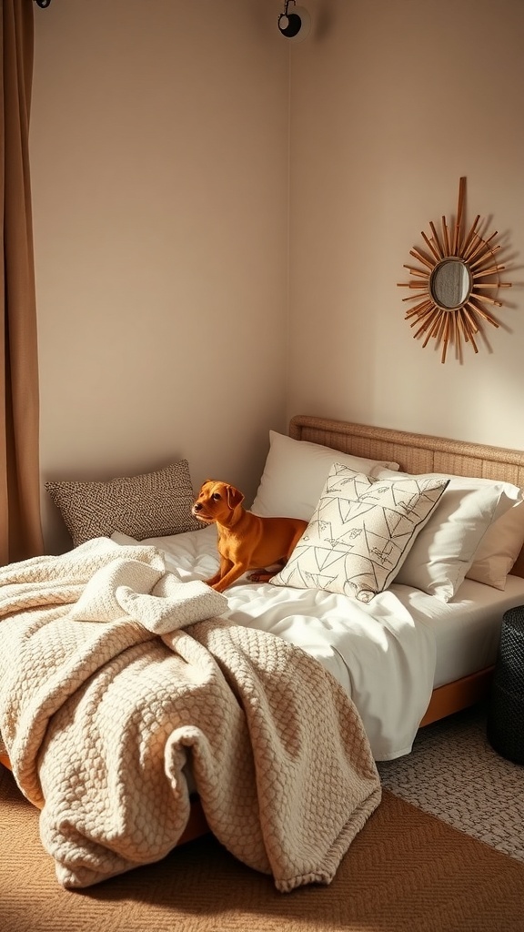 A cozy bedroom corner featuring a dog on a bed with soft blankets and pillows.