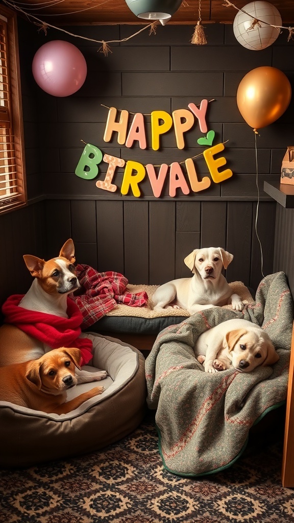 A cozy dog birthday celebration area with multiple dog beds, colorful balloons, and a 'HAPPY BIRVALE' banner.