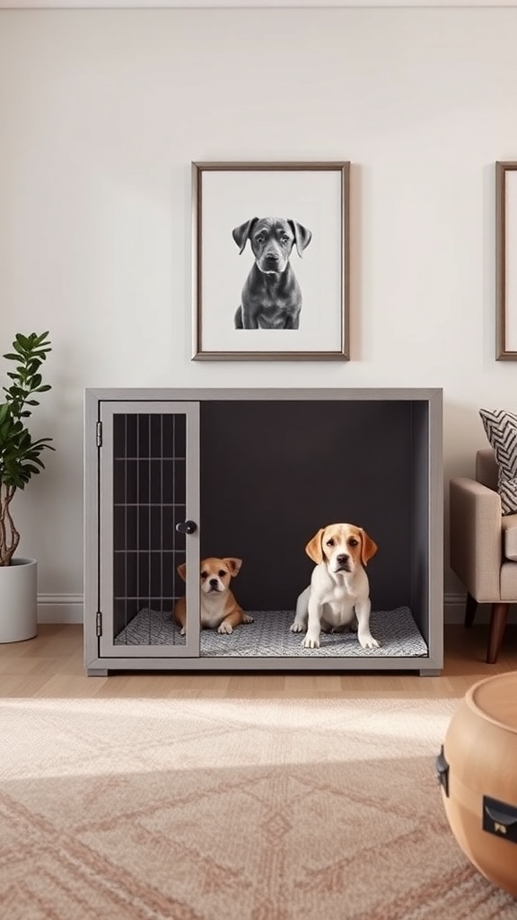 A modern minimalist dog kennel with two dogs inside, set in a stylish living room.
