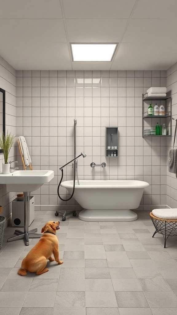 A modern dog washing and grooming area featuring a bathtub, sink, and storage shelves.