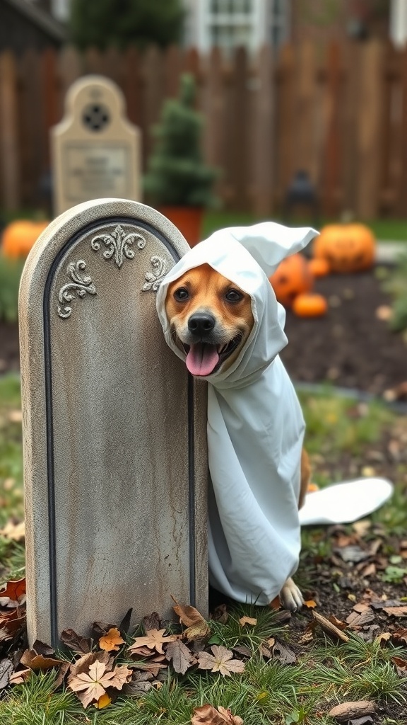 A gravestone with the text 'The Dog' covered by a white sheet, set in a graveyard.