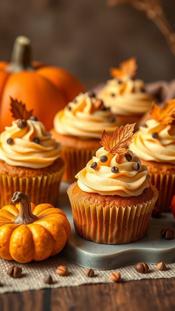 Cupcakes decorated with dog figures and autumn leaves, with pumpkins in the background.