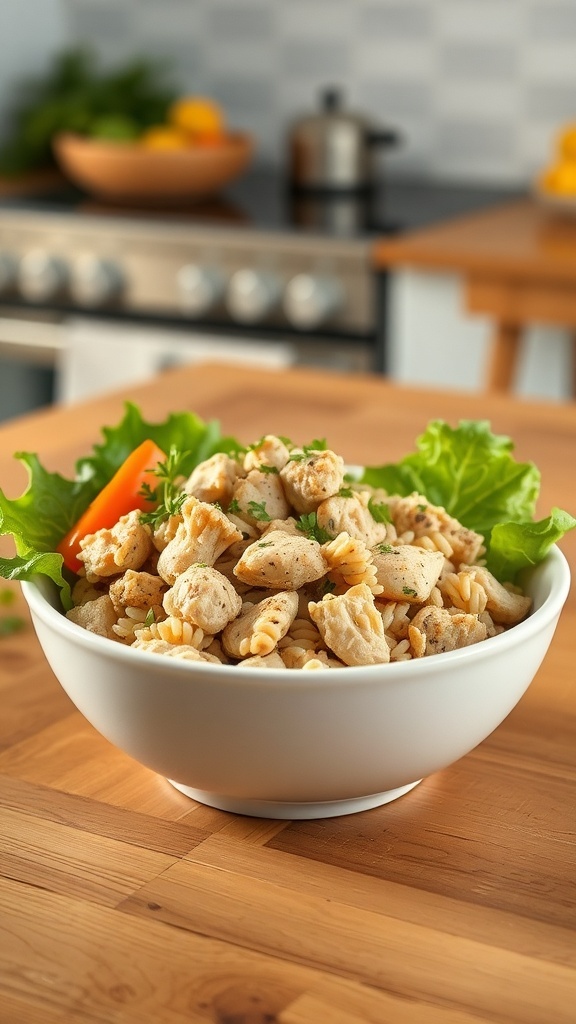 A bowl of homemade chicken and rice dog food, garnished with greens, on a wooden table.