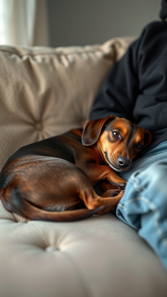 A cozy Dachshund snuggled up next to its owner on a couch.