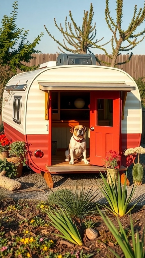 A vintage caravan dog house with a dog sitting at the entrance, surrounded by plants.