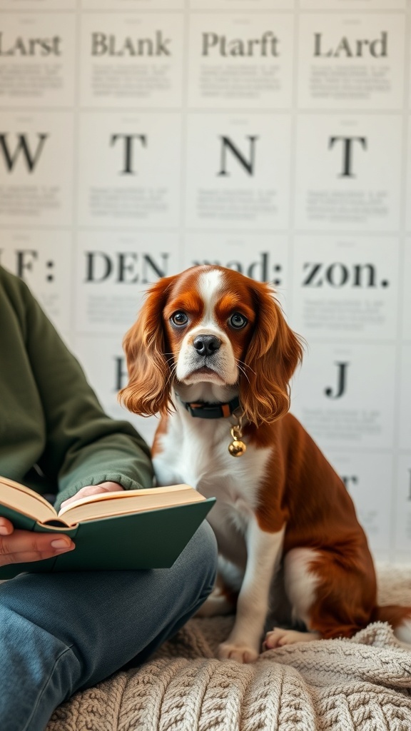 A Cavalier King Charles Spaniel sitting next to a person reading a book, showcasing its gentle and friendly nature.