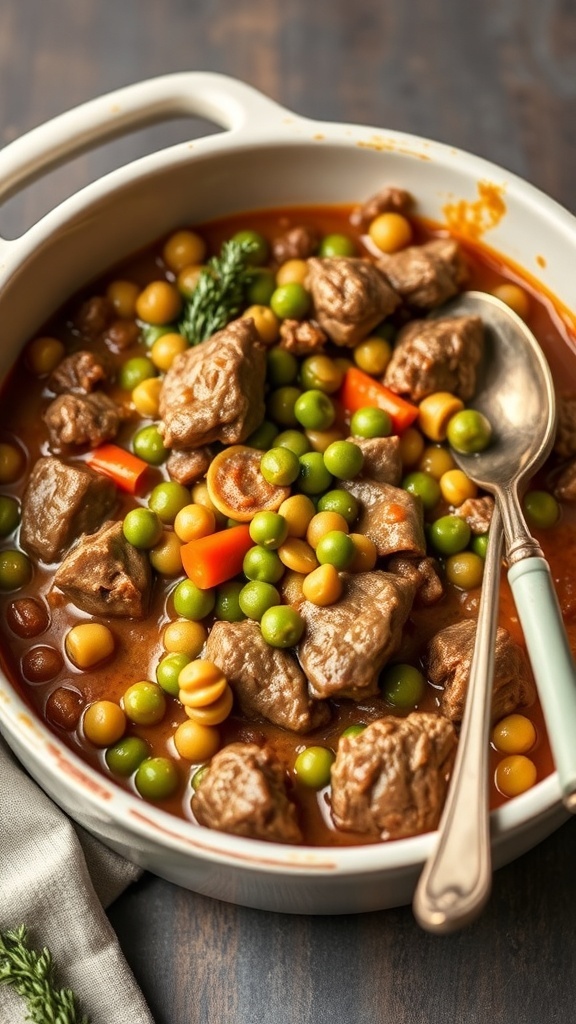 A delicious lamb and pea casserole for dogs, featuring tender lamb pieces and vibrant green peas.