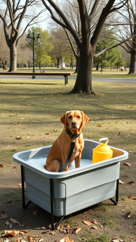 A happy dog sitting in a portable bathing station in a park