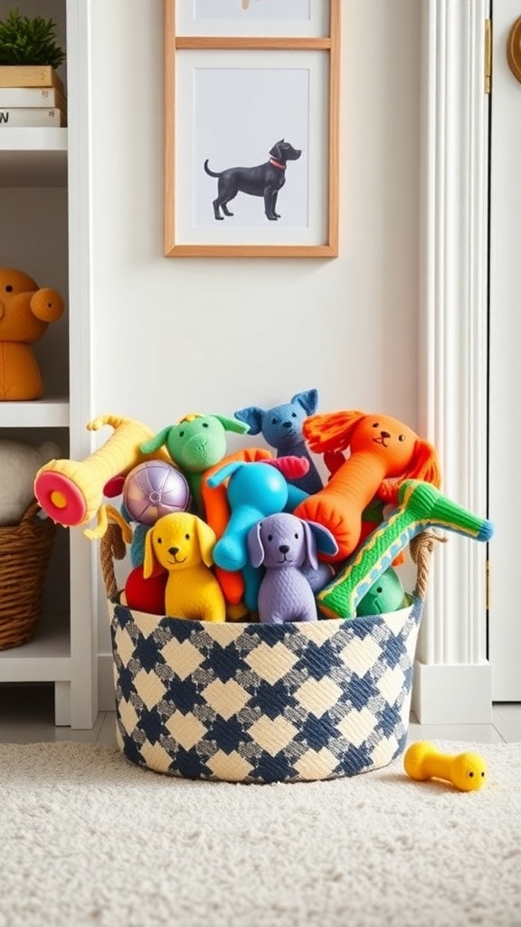 A woven basket filled with colorful dog toys, showcasing a neat storage solution for a dog room.