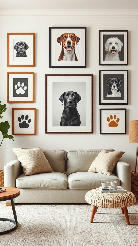 A cozy room with a sofa and a wall decorated with various dog portraits in frames.