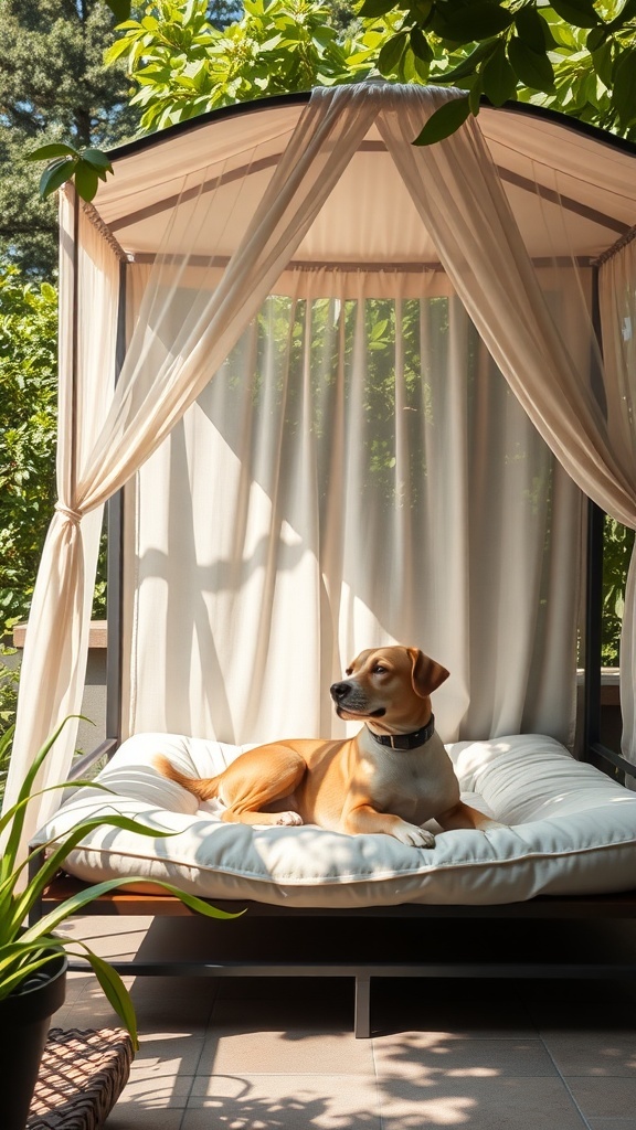 A dog relaxing on a plush outdoor bed with a canopy, surrounded by greenery.
