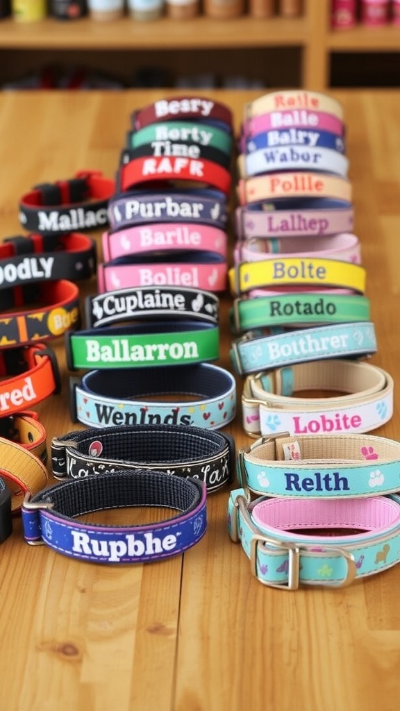A variety of colorful customizable dog collars displayed on a wooden table.