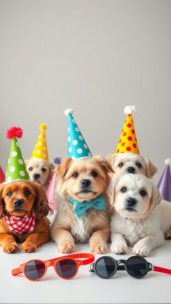 A group of dogs wearing colorful party hats and sunglasses, celebrating a birthday party.