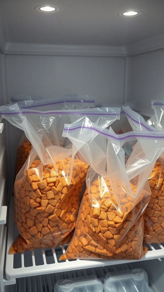 Vacuum sealed bags of dog food stored in a freezer