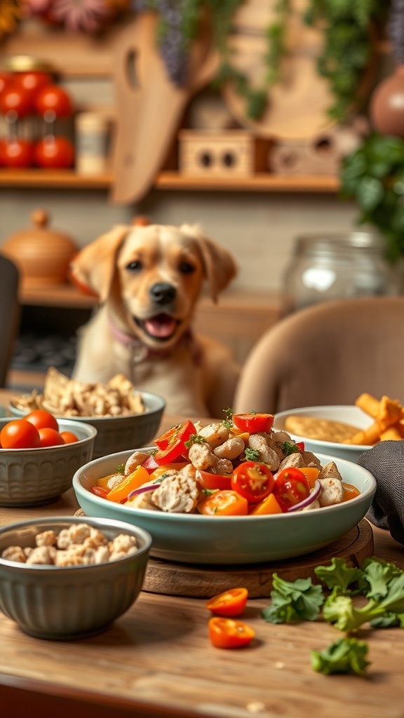 A bowl of turkey and vegetable dog food with a happy dog in the background.