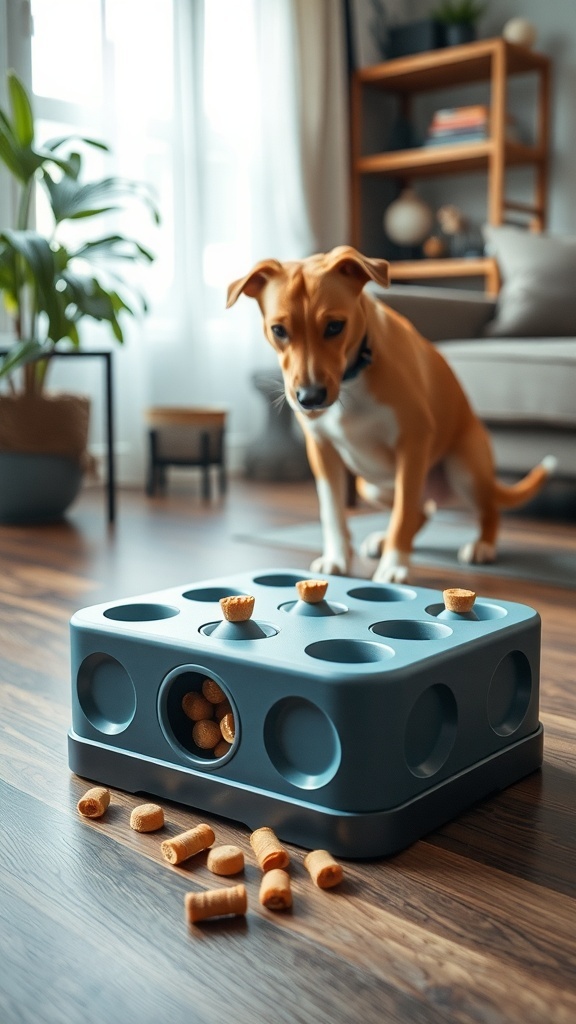 A dog interacting with a puzzle toy designed for mental stimulation, with treats scattered around.