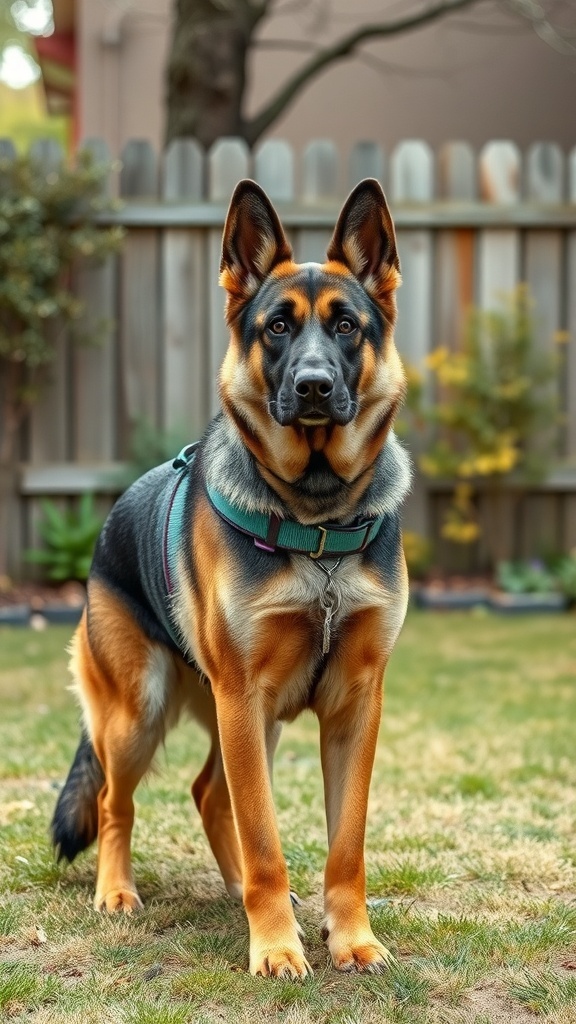 A German Shepherd standing in a yard, showcasing its alert and protective nature.