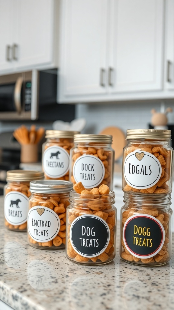 A collection of labeled jars filled with dog treats on a kitchen counter.