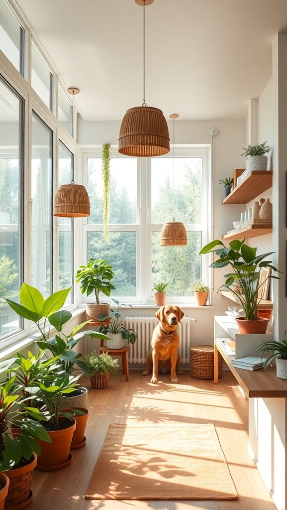 A bright dog room with large windows, plants, and a dog relaxing on a rug.