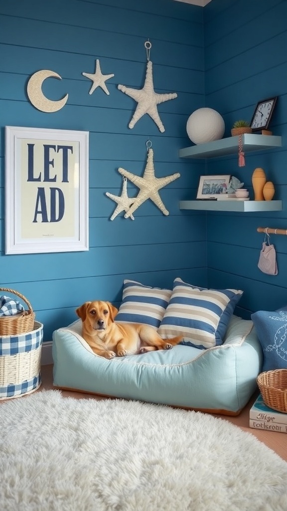 A themed dog room with blue walls, starfish decorations, and a cozy dog bed.