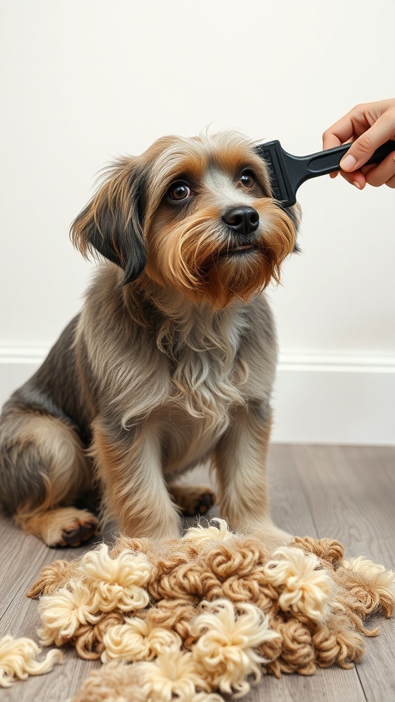 A dog being groomed with a slicker brush, surrounded by a pile of shed fur.
