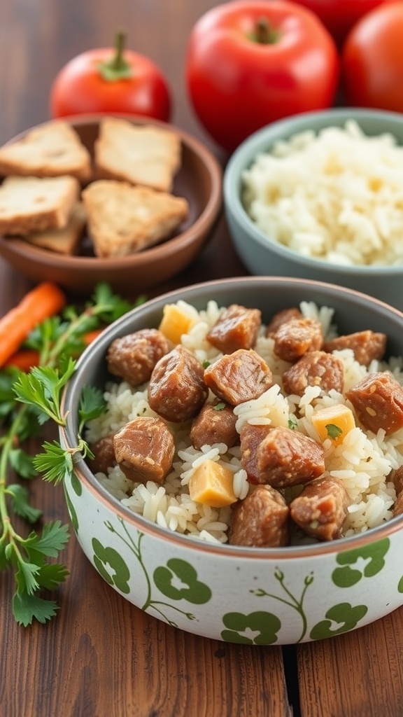A bowl of homemade lamb and rice dog food with vegetables