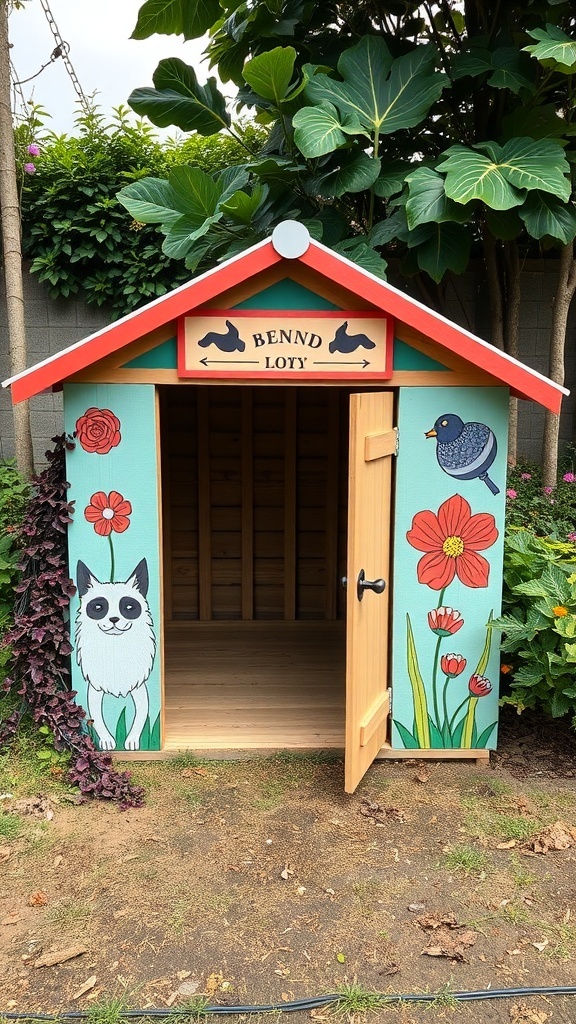A colorful dog kennel with custom artwork, featuring flowers and animals, set in a garden.