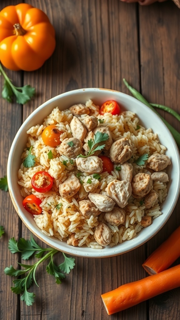 A bowl of homemade chicken and rice dog food with vegetables