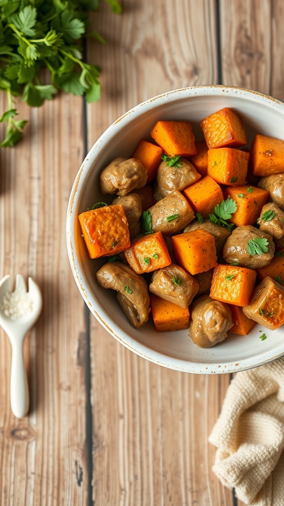 A bowl of homemade dog food featuring chicken and sweet potatoes, perfect for French Bulldogs.