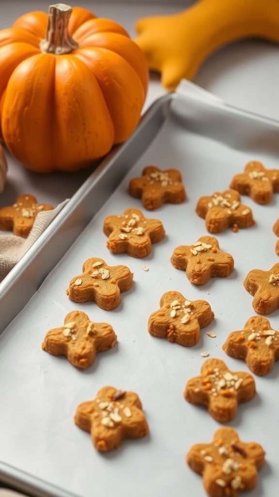Pumpkin and oatmeal dog treats shaped like flowers, with an orange pumpkin in the background.