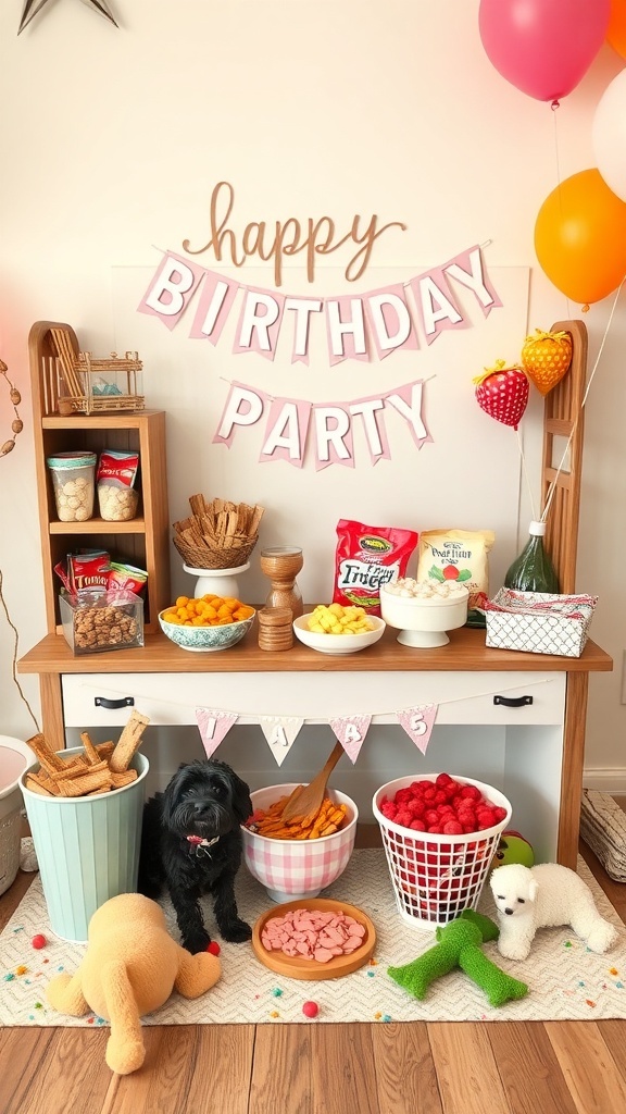 A festive dog birthday party setup with a variety of treats and toys.
