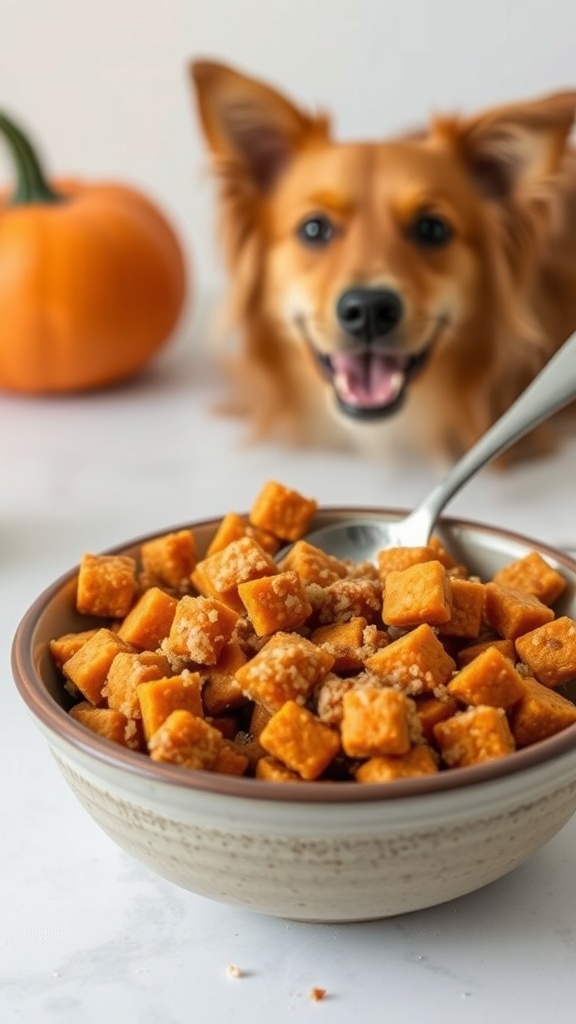 A bowl of pumpkin and quinoa dog treats with a happy dog in the background.