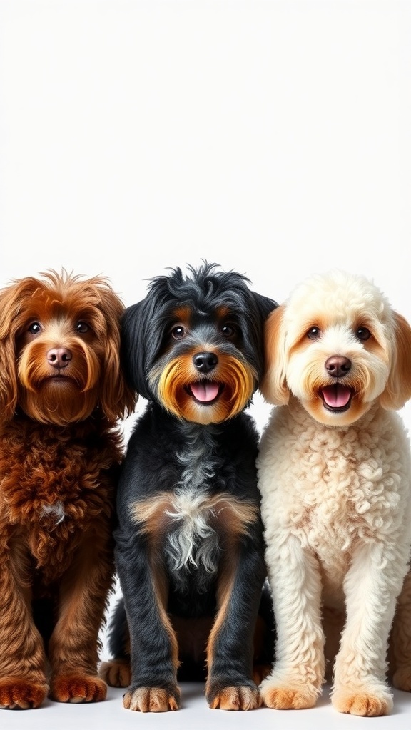 Three dogs with different coat types: one wavy, one wiry, and one curly.