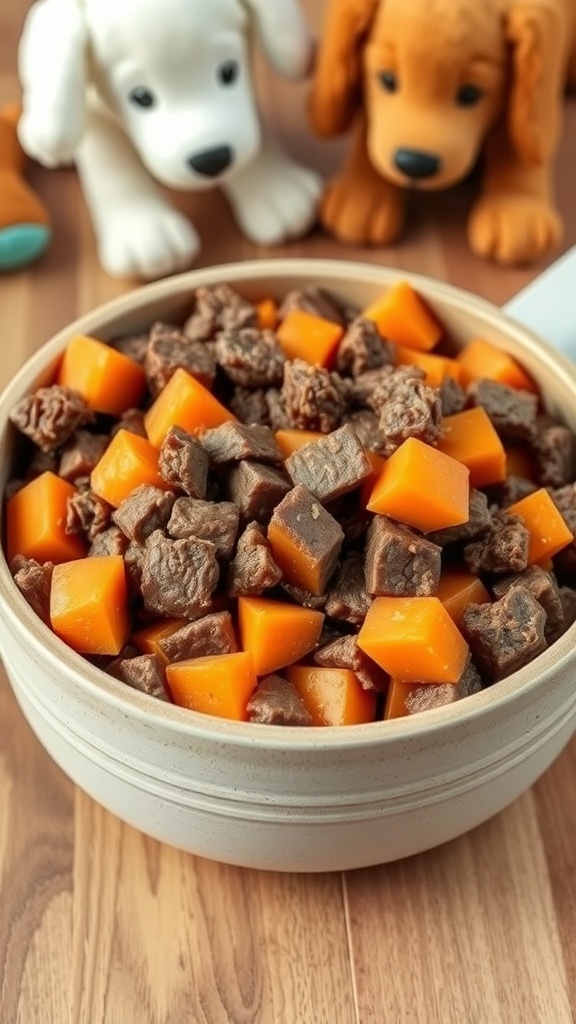 A bowl of beef and sweet potato medley for puppies, with two toy dogs in the background.