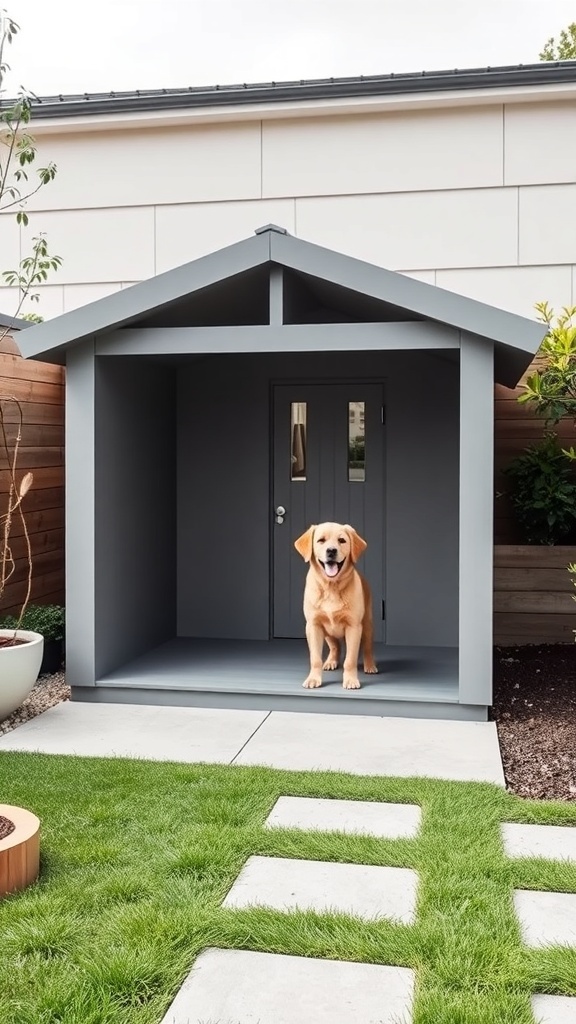 A modern minimalist dog house with a gray exterior and a happy dog sitting in front of it.