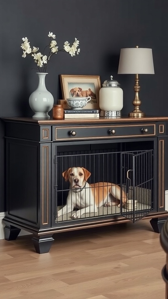 A stylish dog crate sideboard with a dog inside, decorated with flowers and a lamp on top.