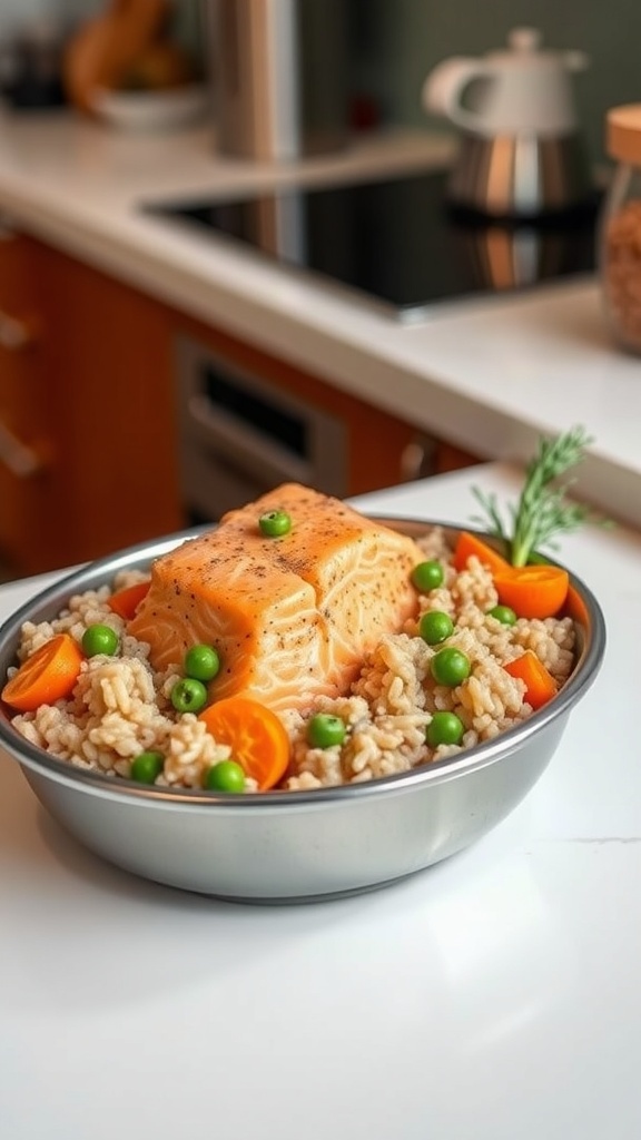 A bowl of salmon and brown rice with peas and orange slices, ready for a dog meal.
