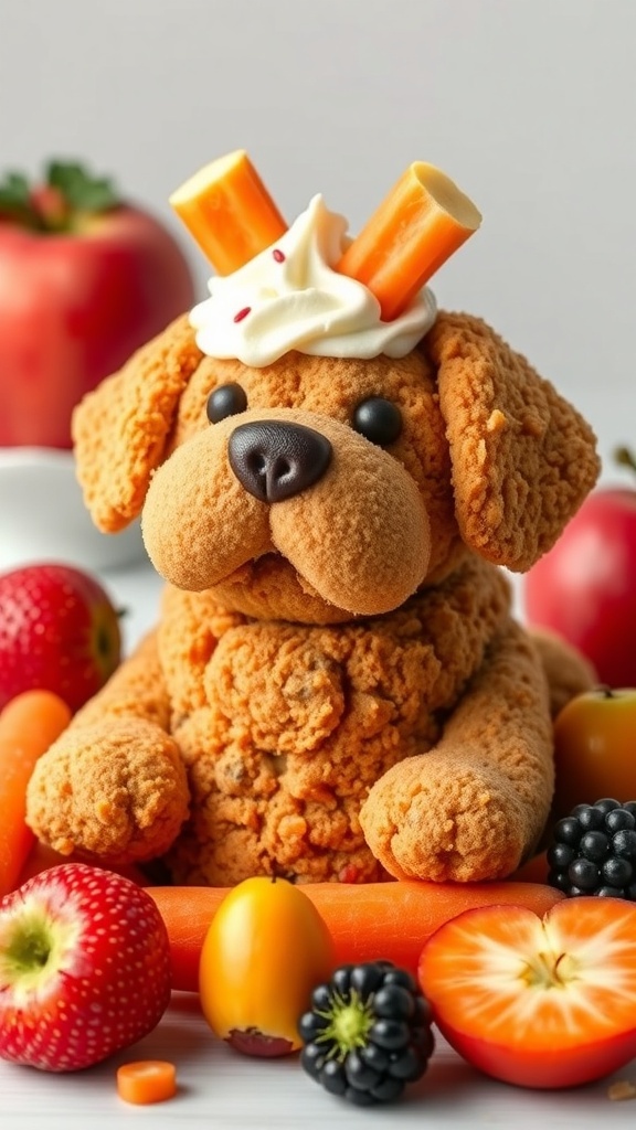 A cute dog-shaped cake made from carrot and apple, surrounded by fresh fruits.