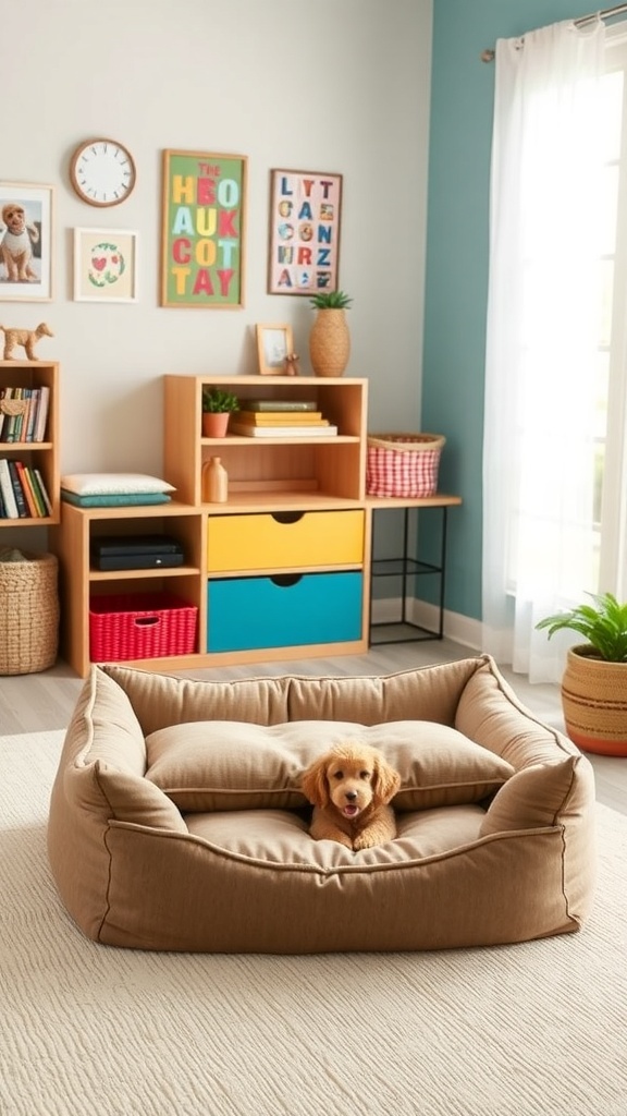 Cozy dog bed with removable cover and a small dog sitting inside it, in a stylish room.