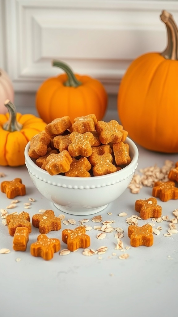 A bowl of pumpkin and oatmeal chews surrounded by pumpkins and oats.
