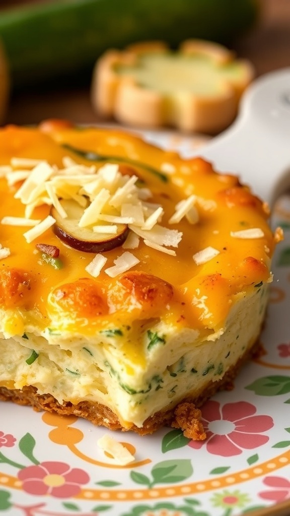 A delicious Zucchini and Cheddar Cheese Cake for dogs, garnished with cheese on a colorful plate.