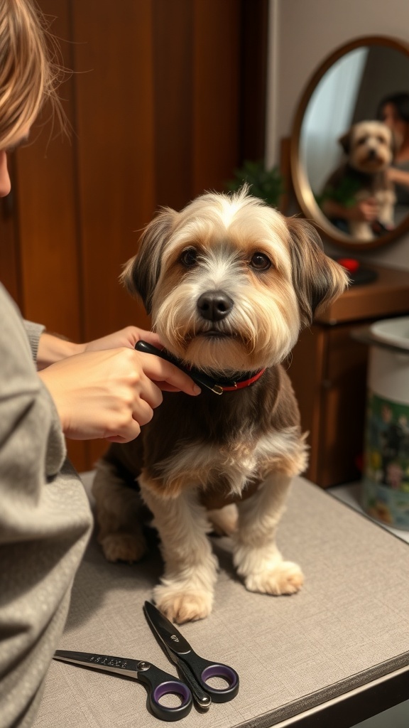 A groomer giving a haircut to two dogs in a bright grooming space.