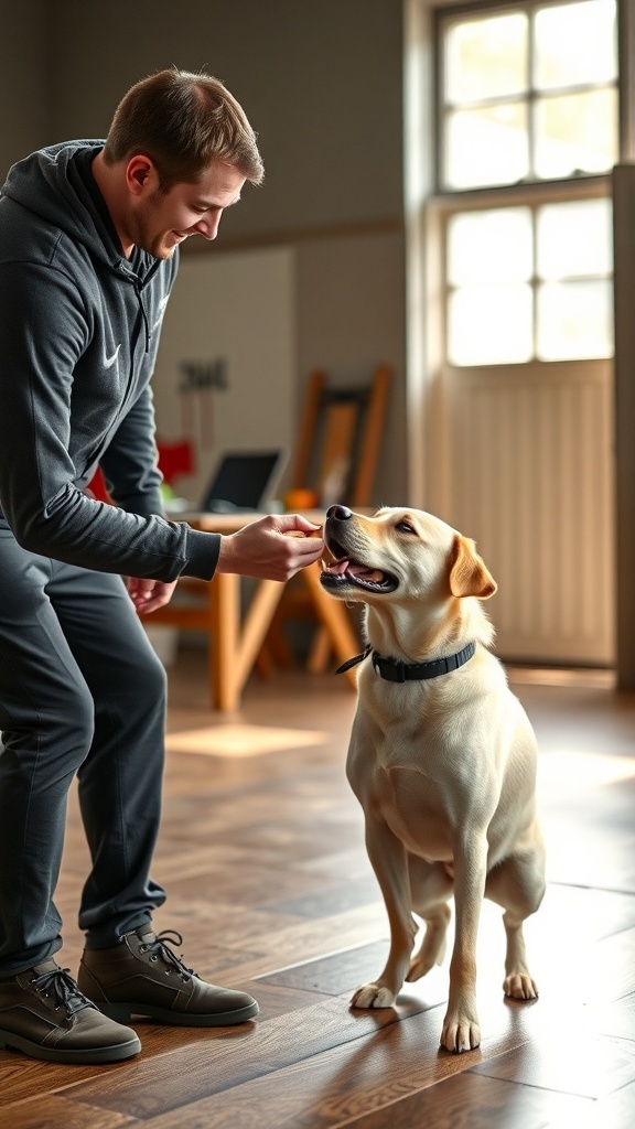 A trainer using treats to train two dogs in a spacious indoor setting.