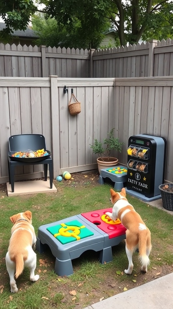 Two dogs interacting with colorful puzzle toys in a backyard setting.