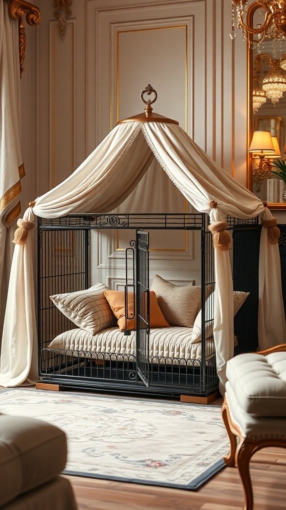 Luxury dog crate with a canopy, featuring plush cushions and elegant design.