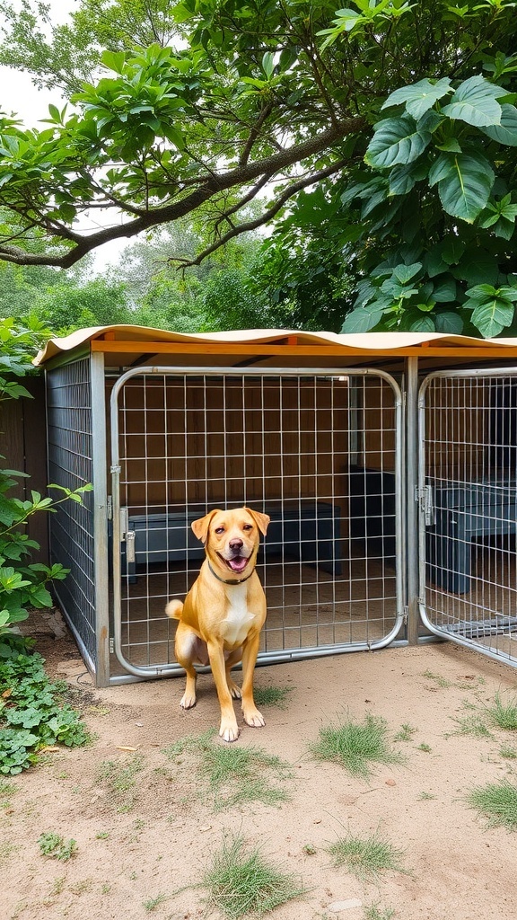 A spacious dog kennel with a shade canopy and a happy dog sitting outside.