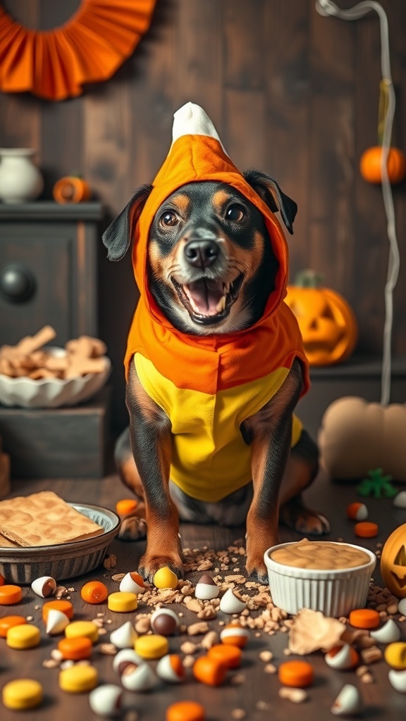 A happy dog wearing a candy corn costume, surrounded by Halloween treats and decorations.