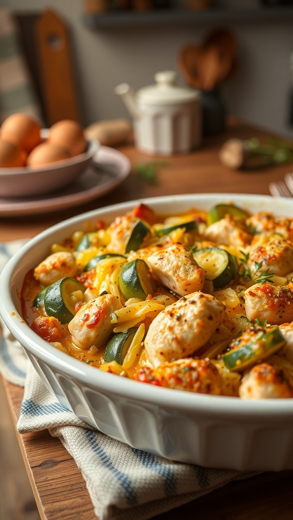 A delicious Zucchini and Chicken Casserole with a curious dog in a cozy kitchen setting.